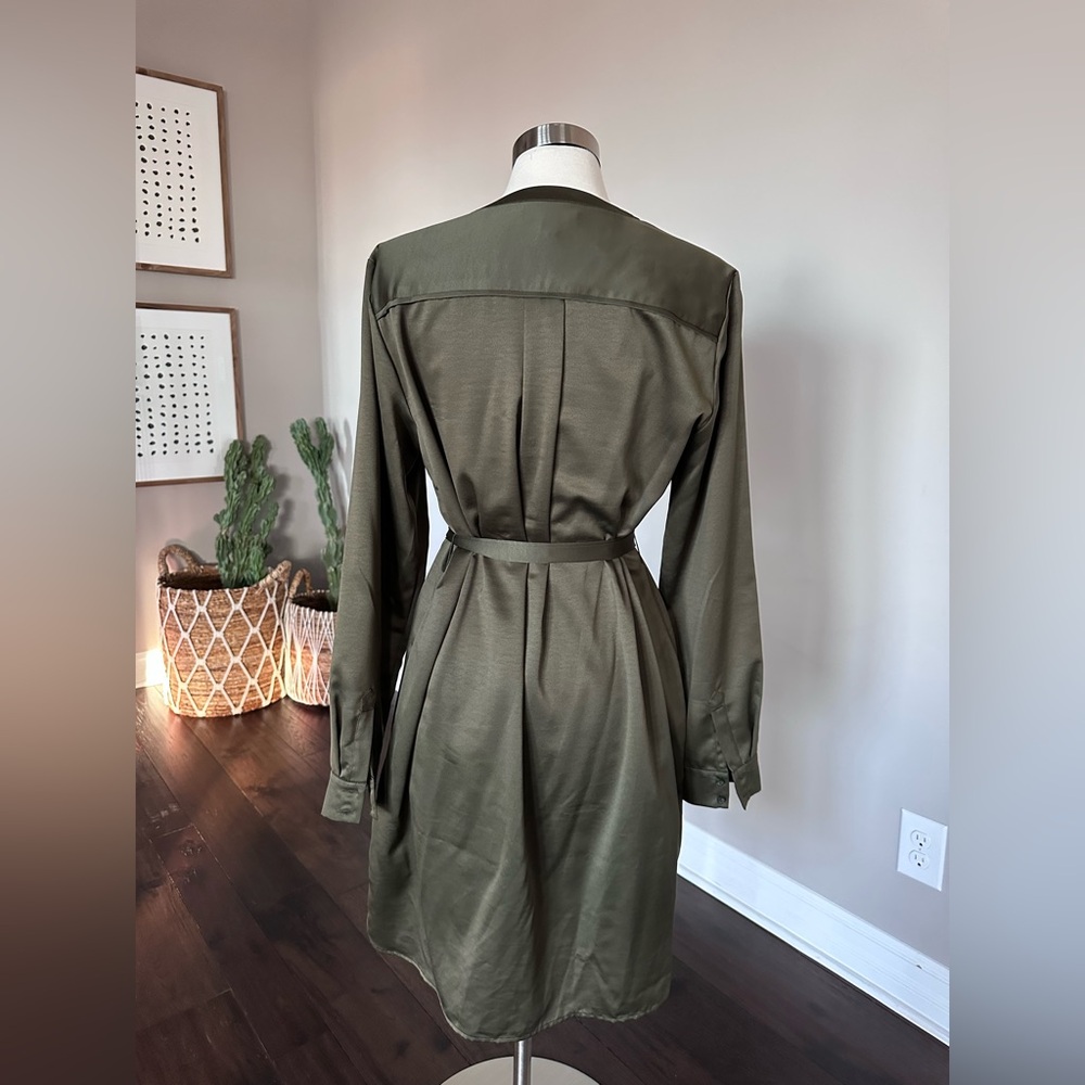 Banana Republic Satin Silky Belted Career Midi Shirt Dress Olive Green 14 - Picture 3 of 16